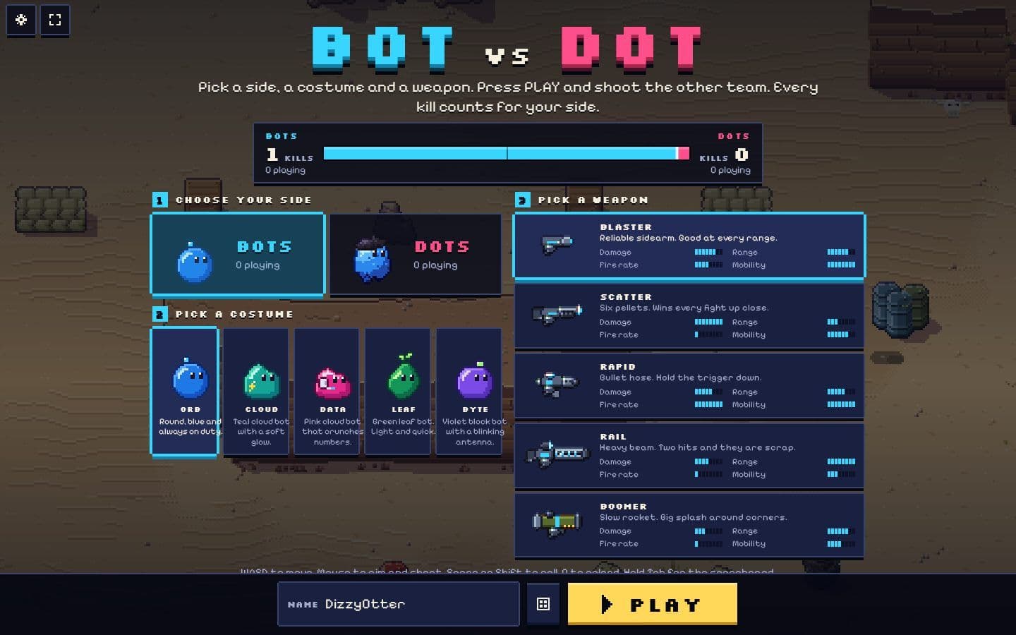 BOT vs DOT lobby in pixel art: the team kill bar, side and costume choice, five weapons and a Play button.
