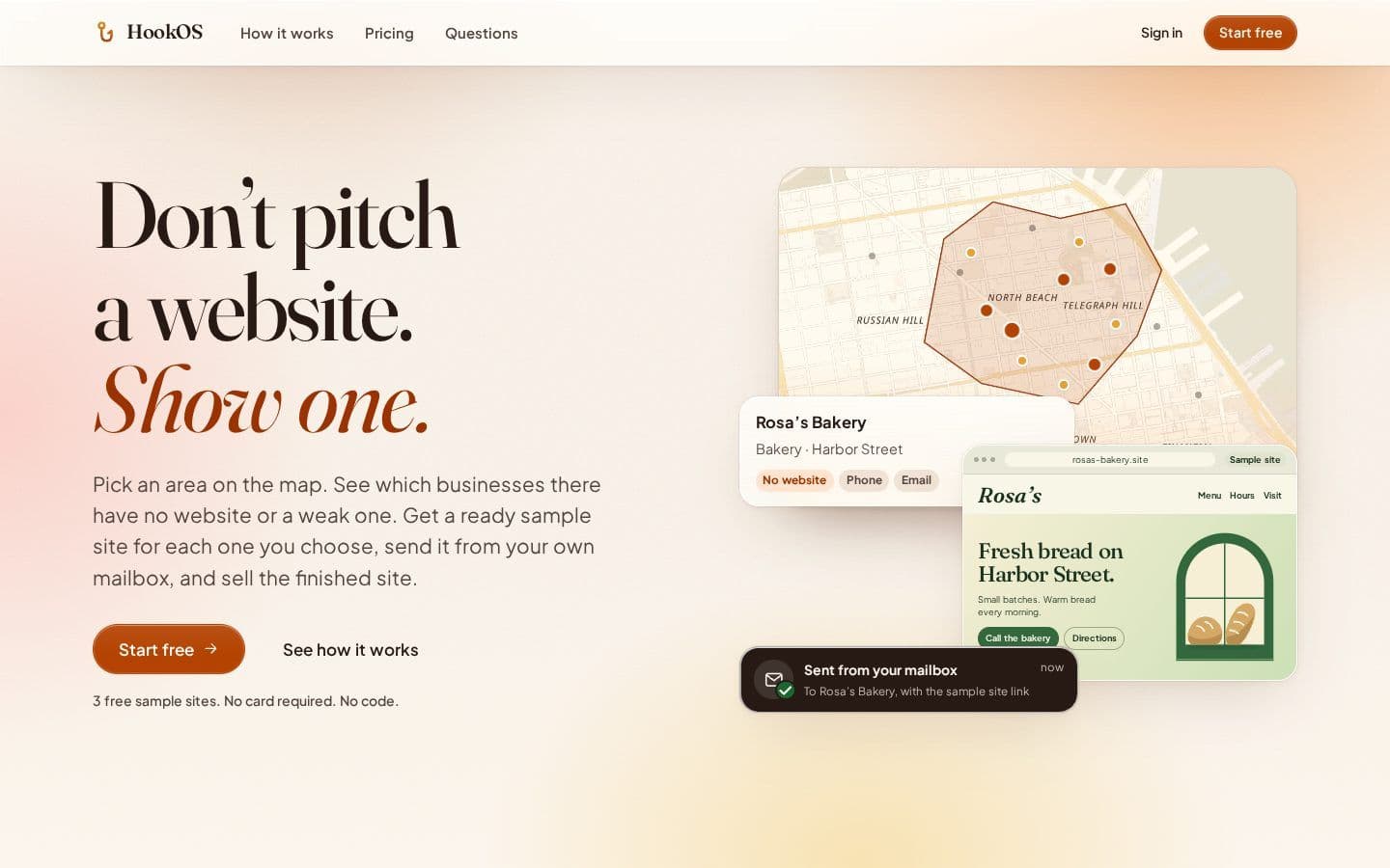 HookOS home page: the headline "Don't pitch a website. Show one." next to a map area with marked businesses and a sample bakery site.